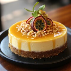 Wall Mural - Passion fruit cheesecake with nuts and mango sauce.