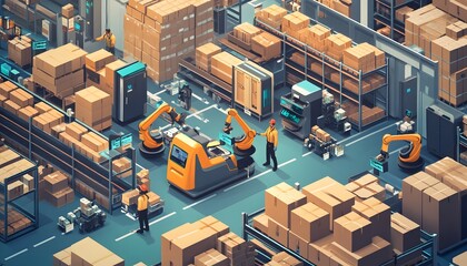 Poster - An automated warehouse scene featuring robots handling boxes, showcasing modern technology in logistics and inventory management.