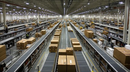 Poster - An expansive warehouse interior filled with packages on conveyor belts, showcasing efficient logistics and organized storage.