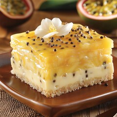 Wall Mural - Passion fruit dessert with white flower garnish on a wooden plate.