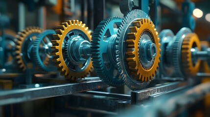 Poster - Close-up of colorful industrial gears, showcasing intricate design and mechanics in a manufacturing setting.