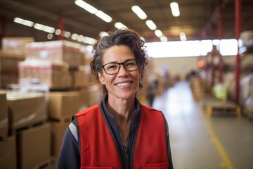 Canvas Print - Portrait of a smiling middle aged female warehouse worker