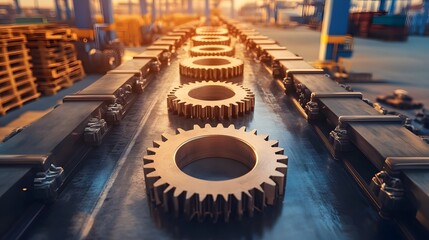 Poster - Close-up view of metal gears on a production line, showcasing industrial machinery in a factory setting.