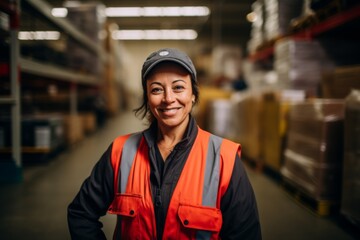 Sticker - Portrait of a smiling middle aged female warehouse worker