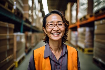 Wall Mural - Portrait of a smiling middle aged female warehouse worker