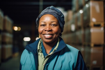 Sticker - Portrait of a smiling middle aged female warehouse worker