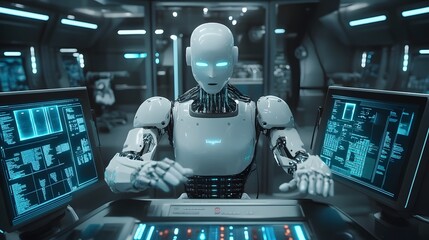 Poster - Futuristic robot operating advanced technology in a sleek control room, showcasing artificial intelligence and innovation.
