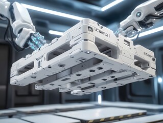 Poster - Futuristic robotic arm lifting a white pallet in a modern warehouse environment, showcasing automation and advanced technology.