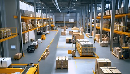 Poster - Spacious warehouse with organized shelves and pallets of goods, showcasing efficient storage solutions and logistics operations.