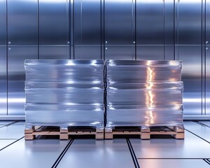 Poster - Stacked pallets with metallic sheets in a modern warehouse setting, showcasing industrial storage and inventory management.
