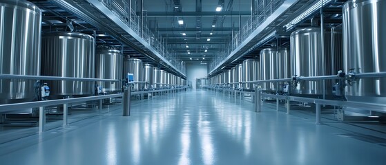 Poster - Wide corridor of a modern industrial facility, showcasing stainless steel tanks and clean, polished floors for efficient production.