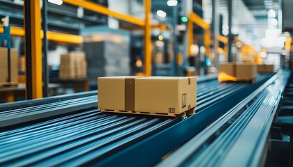 Poster - A cardboard box moves along a conveyor belt in a busy warehouse, showcasing the efficiency of modern logistics and shipping operations.