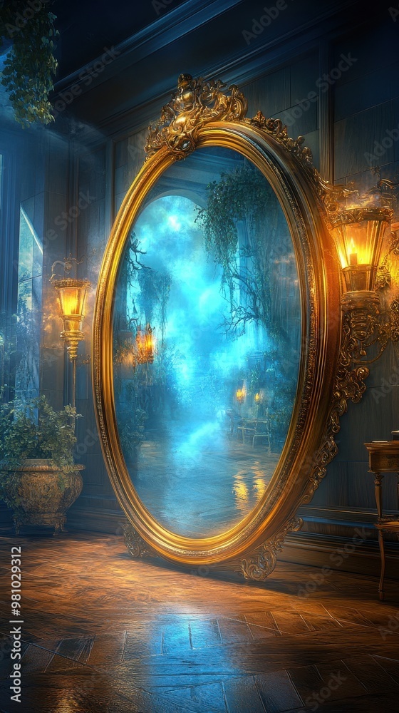 Cartoon haunted mirror with ghostly reflection, eerie mansion setting ...