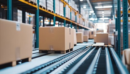 Poster - A close-up view of a conveyor system transporting boxes in a large warehouse, highlighting efficient logistics and storage operations.