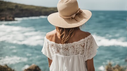 Wall Mural - woman in hat on the beach