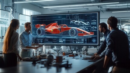 Automotive engineers designing an electric sports car using cad software on a computer in a bright office