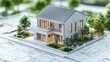 © thanawat - A modern architectural model of a house with lush greenery and a detailed blueprint, showcasing contemporary design and elegance.