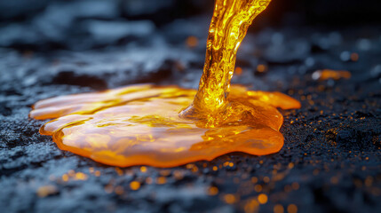 Poster - A golden, molten liquid flows onto a dark surface, creating a vivid contrast of light and texture