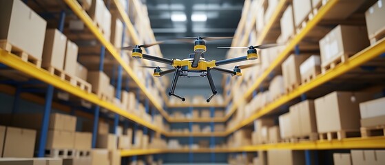 Poster - A drone navigates through a warehouse, showcasing the future of inventory management and automation in logistics.
