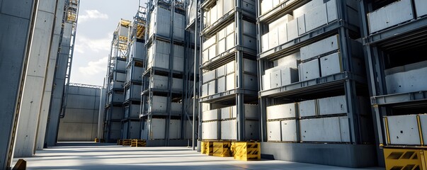 Poster - A modern industrial warehouse with stacked containers and clear paths, showcasing efficient storage and organization.