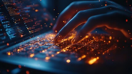 A close-up of fingers typing on a glowing keyboard, showcasing digital sparkles and modern technology in action.