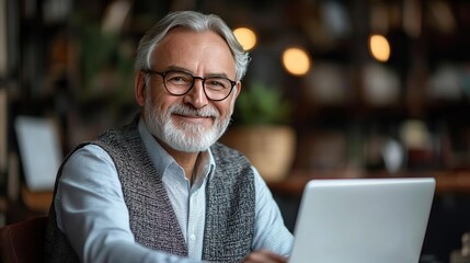 A smiling senior man with glasses working on a laptop in a cozy cafe, showcasing modern work-life and technology.