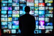© K'kriang Krai - A man in a suit stands and watches television on a large screen wall with multiple screens, against a media news background.
