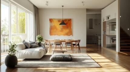 Wall Mural - Modern Living Room with Large Windows and Wooden Floors