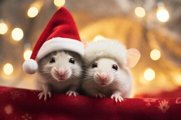 Wall Mural - Two mice wearing festive Santa Hats christmas animal mammal.