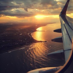 Golden Hour Departure: Soaring above the clouds, a plane wing frames a breathtaking sunset over a coastal city bathed in warm, golden light. 