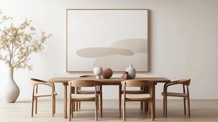 Modern dining room with minimalist decor, featuring wooden table, elegant chairs, and abstract wall art.