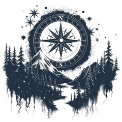 Wall Mural - a compass surrounded by mountains architecture building tower.