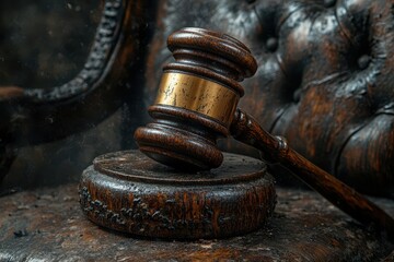 weathered wooden gavel on richly grained judicial bench dramatic side lighting accentuating textures symbolism of law and order vintage aesthetic with modern composition