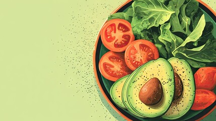 A vitamin-rich plate of avocado, tomatoes, and leafy greens, with space for text at the top-left.