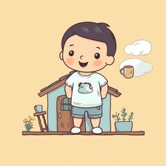 Home Sweet Home: Adorable Cartoon Boy Proudly Standing in Front of Cozy House 