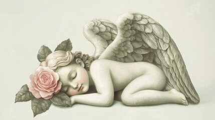 Wall Mural - An illustration of a peaceful, sleeping angel with wings folded, gently cradling a single pink rose on a simple light gray background.