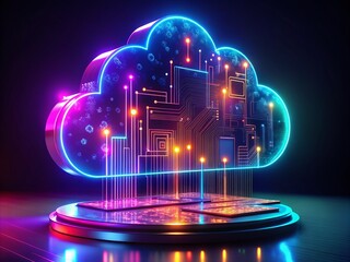 Aufkleber - Vibrant, futuristic 3D hologram display projects swirling clouds of neon-lit data, circuit boards, and abstract shapes,