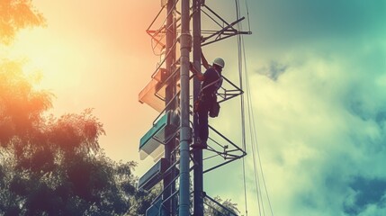 Connecting the World, One Climb at a Time: A telecommunications worker ascends a tower against a vibrant sunset, symbolizing progress and connectivity in a digitally driven world. 