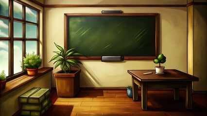 Wall Mural - Empty Classroom with Plants, Chalkboard, and a Small Table