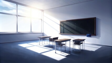 Sticker - Empty Classroom with Sunlight Streaming Through Window and Blackboard