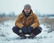 © Vlad - Outerwear: Man Sitting Outdoors in the Snowy Winter Day, Embracing the Cold Weather