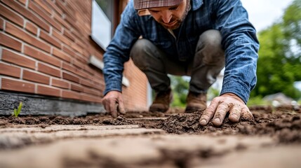 Home Inspector Examining Brick Foundation Cracks and Damage of Older House Structure