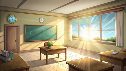 Wall Mural - A Sunlit Classroom with a Chalkboard, Desks, and a Window