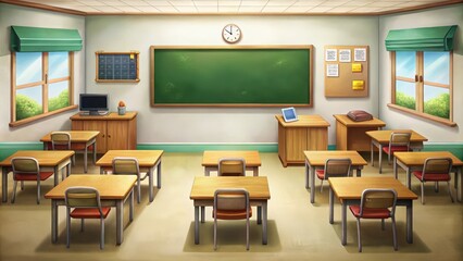 Wall Mural - Empty Classroom with Desks, Chairs, and a Chalkboard