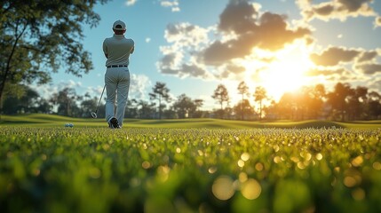 Wall Mural - A golfer prepares to swing at sunset on a lush green course.