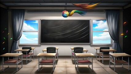 Wall Mural - Empty Classroom with a Blackboard and Windows Showing a Blue Sky