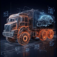 Poster - A truck under construction, with one half fully built and the other half in digital graphics, illustrating the transformation from concept to reality
