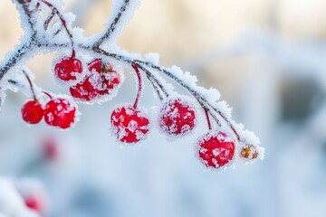 Frosted red berries on branch in winter