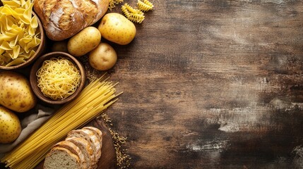 An assortment of carbohydrate-rich foods like potatoes, pasta, and bread on a rustic table, with text space above.