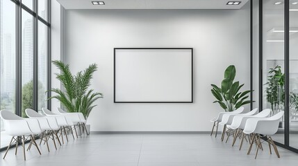 Poster - A photo of a large white wall with an empty frame in the waiting room, with a clean and modern minimalist design